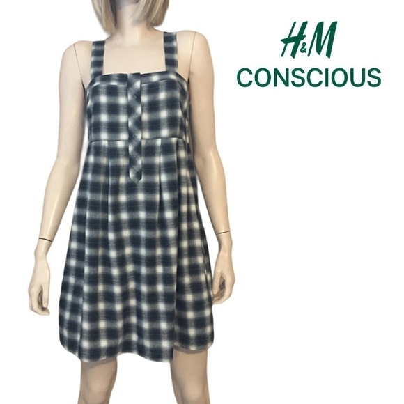 H&M Conscious 100% Organic Cotton Buffalo Plaid Jumper Dress Tunic Pockets - Picture 1 of 16